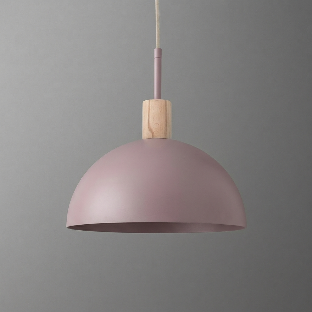 Matte dusty pink dome pendant light with wooden accent and white cord. - PENDANT MODEL NO. 4610
