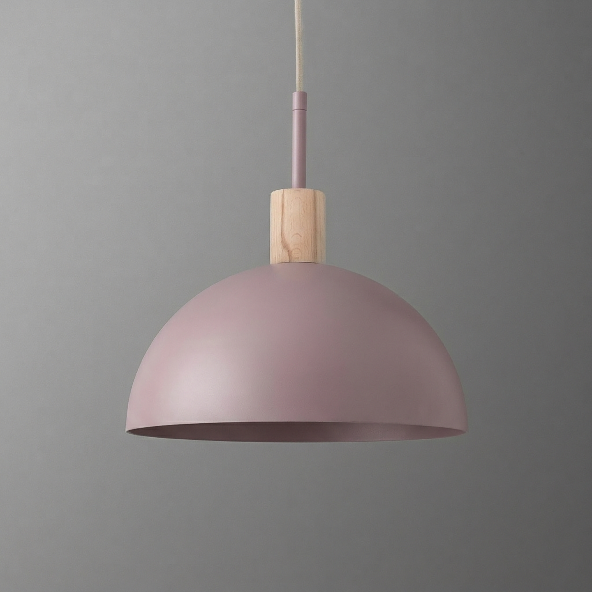 Matte dusty pink dome pendant light with wooden accent and white cord. - PENDANT MODEL NO. 4610
