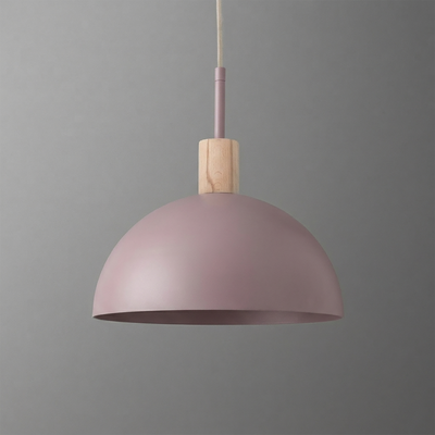 Matte dusty pink dome pendant light with wooden accent and white cord. - PENDANT MODEL NO. 4610