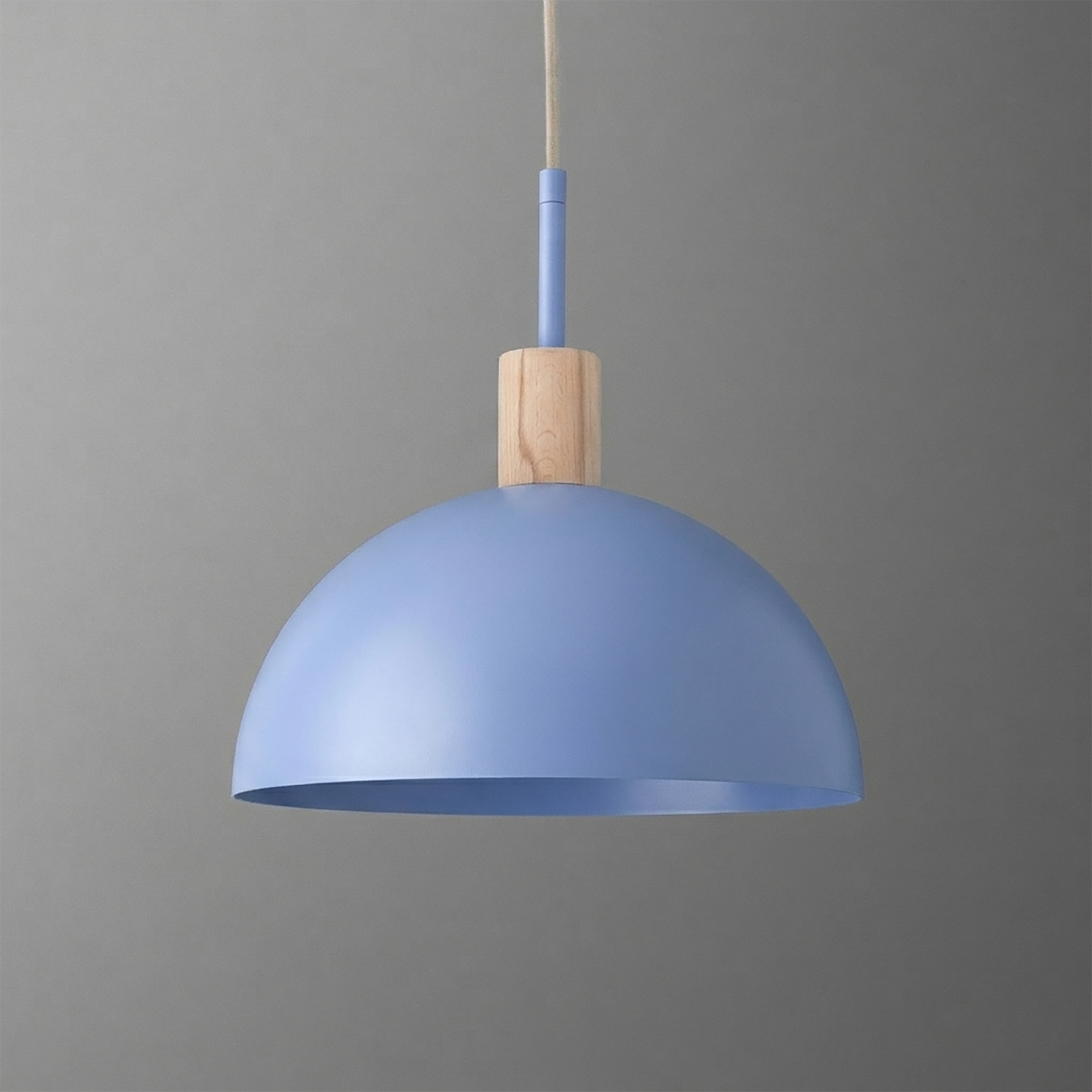 Matte light blue dome pendant light with natural wood accent and white cord. - PENDANT MODEL NO. 4610
