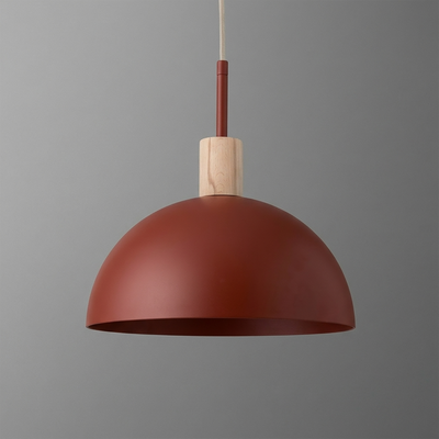 Matte rust-colored dome pendant light with natural wood accent and slender rod suspension. - PENDANT MODEL NO. 4610