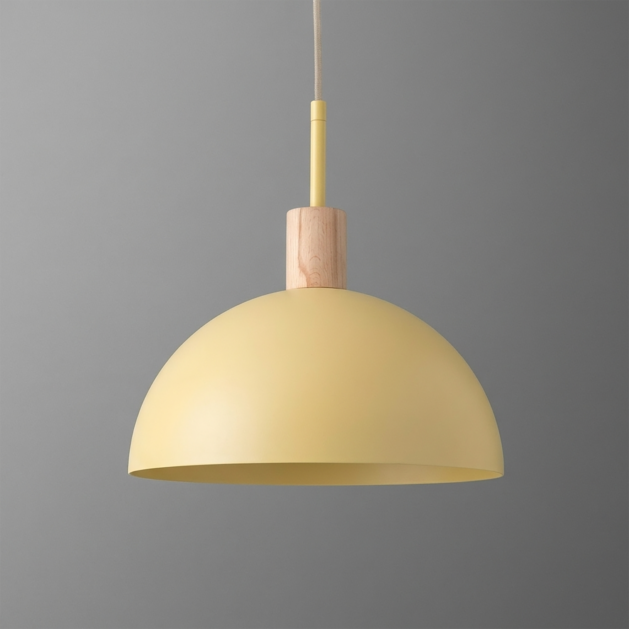 Matte yellow dome pendant light with wooden accent and white cord suspension. - PENDANT MODEL NO. 4610