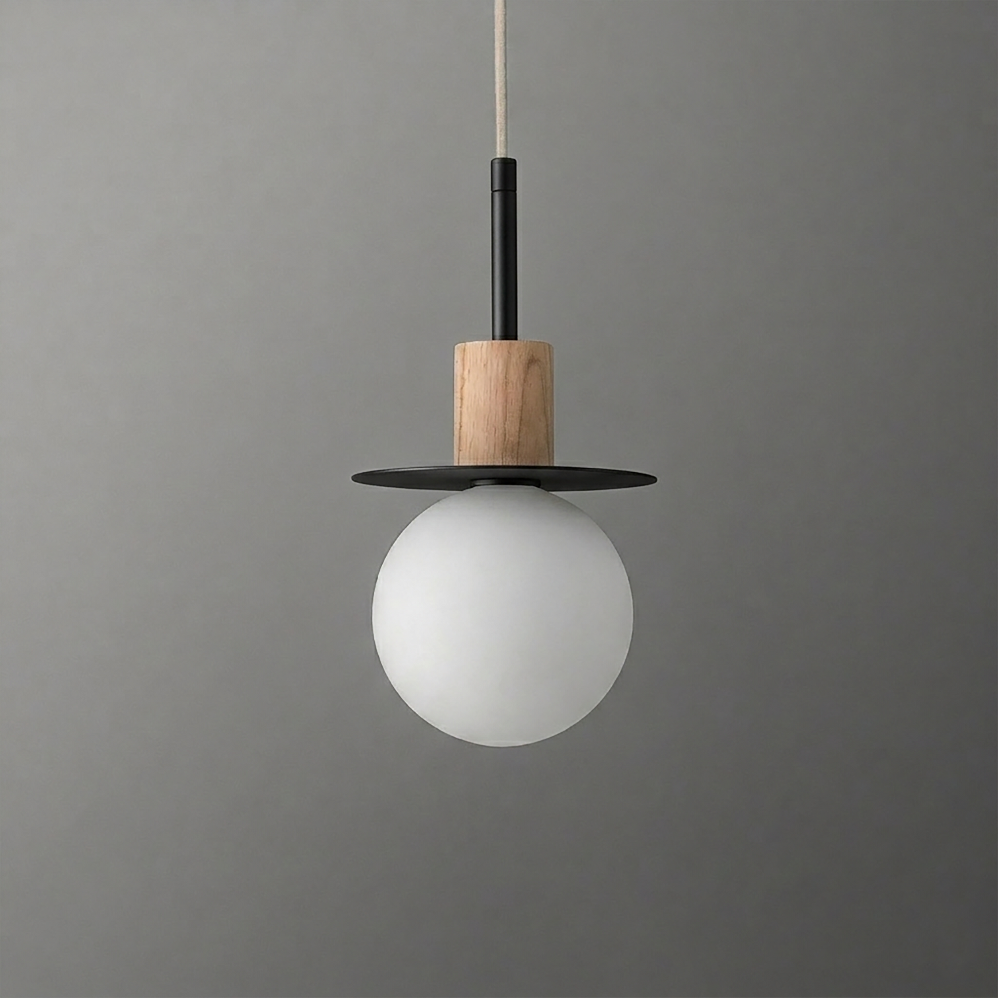 Pendant light with frosted white glass globe, wooden accent, and black metal disc shade. - PENDANT MODEL NO. 6198