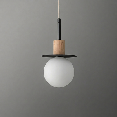 Pendant light with frosted white glass globe, wooden accent, and black metal disc shade. - PENDANT MODEL NO. 6198