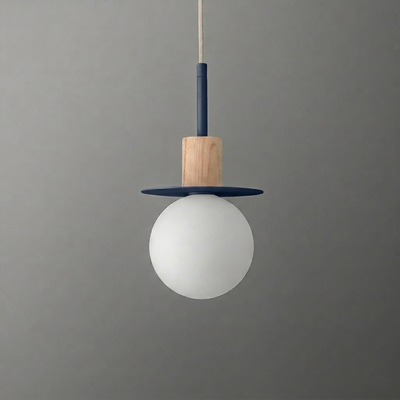 Pendant light with frosted white globe, wooden accent, and navy blue circular metal detail hanging from a beige cord. - PENDANT MODEL NO. 6198