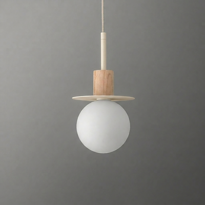White frosted globe pendant light with wooden cylindrical accent and flat circular beige disc. - PENDANT MODEL NO. 6198