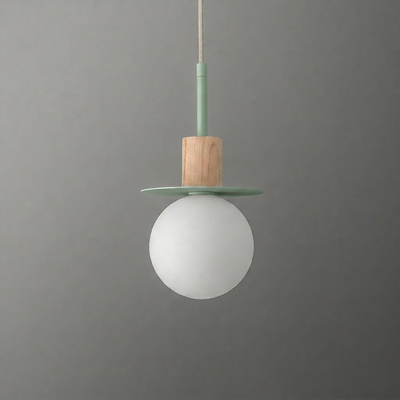 Minimalist pendant light with a frosted white globe, wooden cylindrical holder, and muted green metal disk accent. - PENDANT MODEL NO. 6198