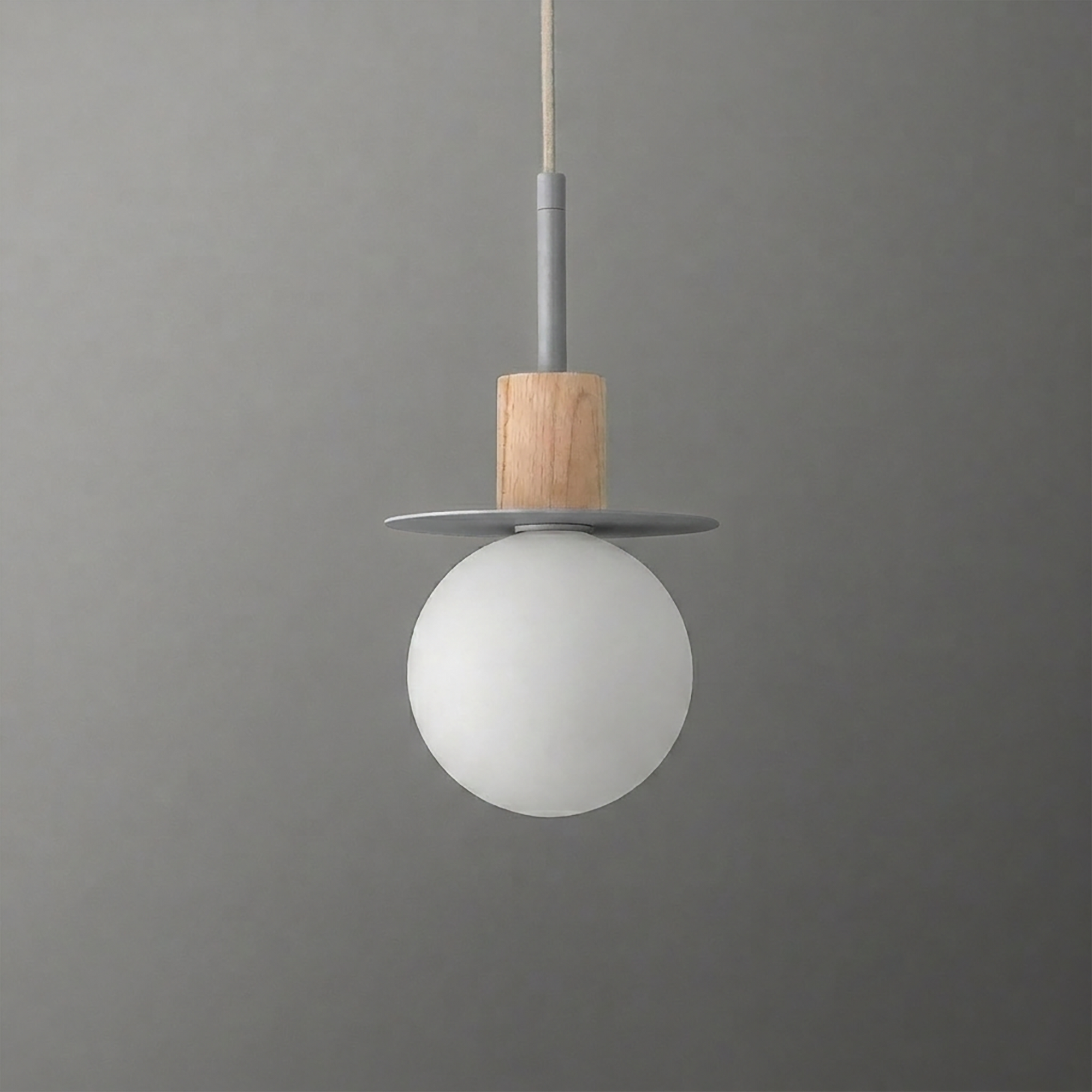 Minimalist pendant light with frosted white globe, natural wood accent, and slim silver metal disc. - PENDANT MODEL NO. 6198