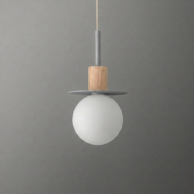 Minimalist pendant light with frosted white globe, natural wood accent, and slim silver metal disc. - PENDANT MODEL NO. 6198