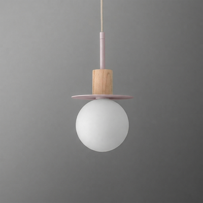Minimalist pendant light with a frosted white globe, wooden accent, and soft pink disc. - PENDANT MODEL NO. 6198