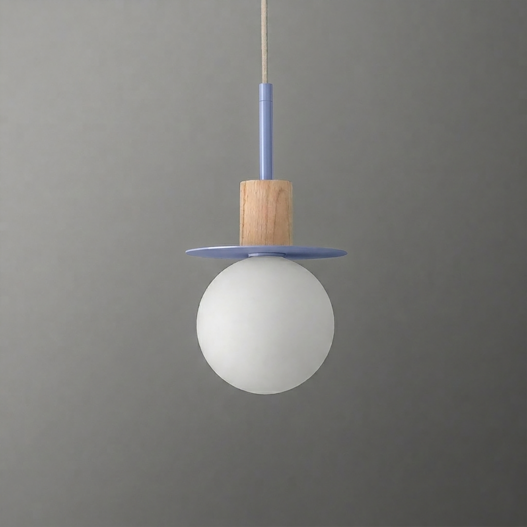 Pendant light with frosted white glass globe, wooden accent, and matte blue metal disc shade. - PENDANT MODEL NO. 6198