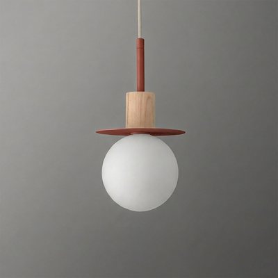 Pendant light with a frosted white globe, wooden cylindrical holder, and flat rust-colored disc above the globe. - PENDANT MODEL NO. 6198