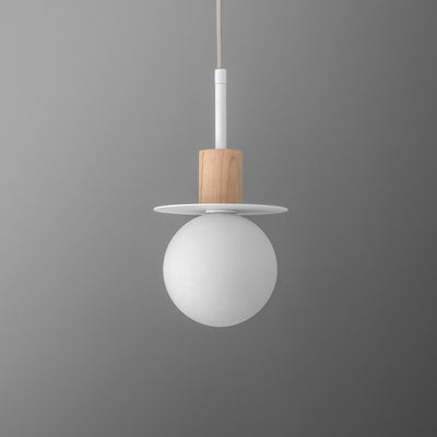 Minimalist pendant light with matte white globe, flat circular white shade, and natural wood accent. - PENDANT MODEL NO. 6198