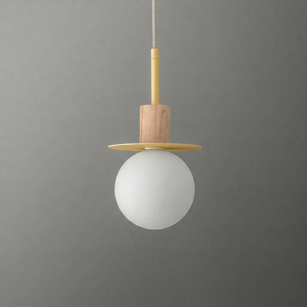 Minimalist pendant light with a frosted white globe, wooden accent, and flat circular wooden disc above the globe. - PENDANT MODEL NO. 6198