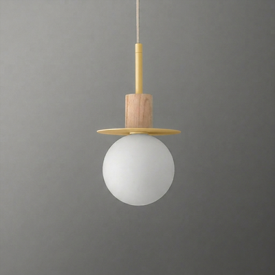 Minimalist pendant light with a frosted white globe, wooden accent, and flat circular wooden disc above the globe. - PENDANT MODEL NO. 6198
