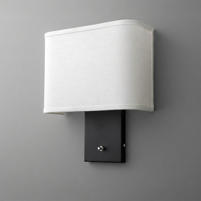 Wall-mounted black metal sconce with rectangular base and curved white fabric shade. - SCONCE MODEL NO. 7769