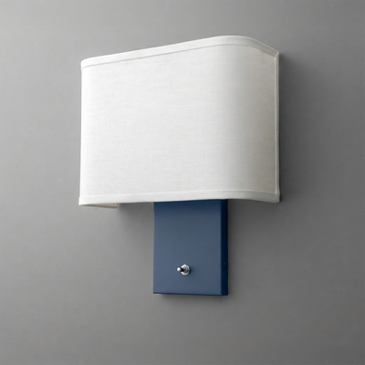 Wall sconce with rectangular white fabric shade and matte blue metal backplate with a small round switch. - SCONCE MODEL NO. 7769