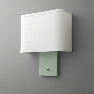 Wall sconce with rectangular white fabric shade and matte light green metal base with small switch. - SCONCE MODEL NO. 7769