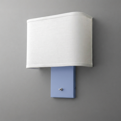 Modern wall sconce with rectangular white fabric shade and sleek blue metal base with small round switch. - SCONCE MODEL NO. 7769