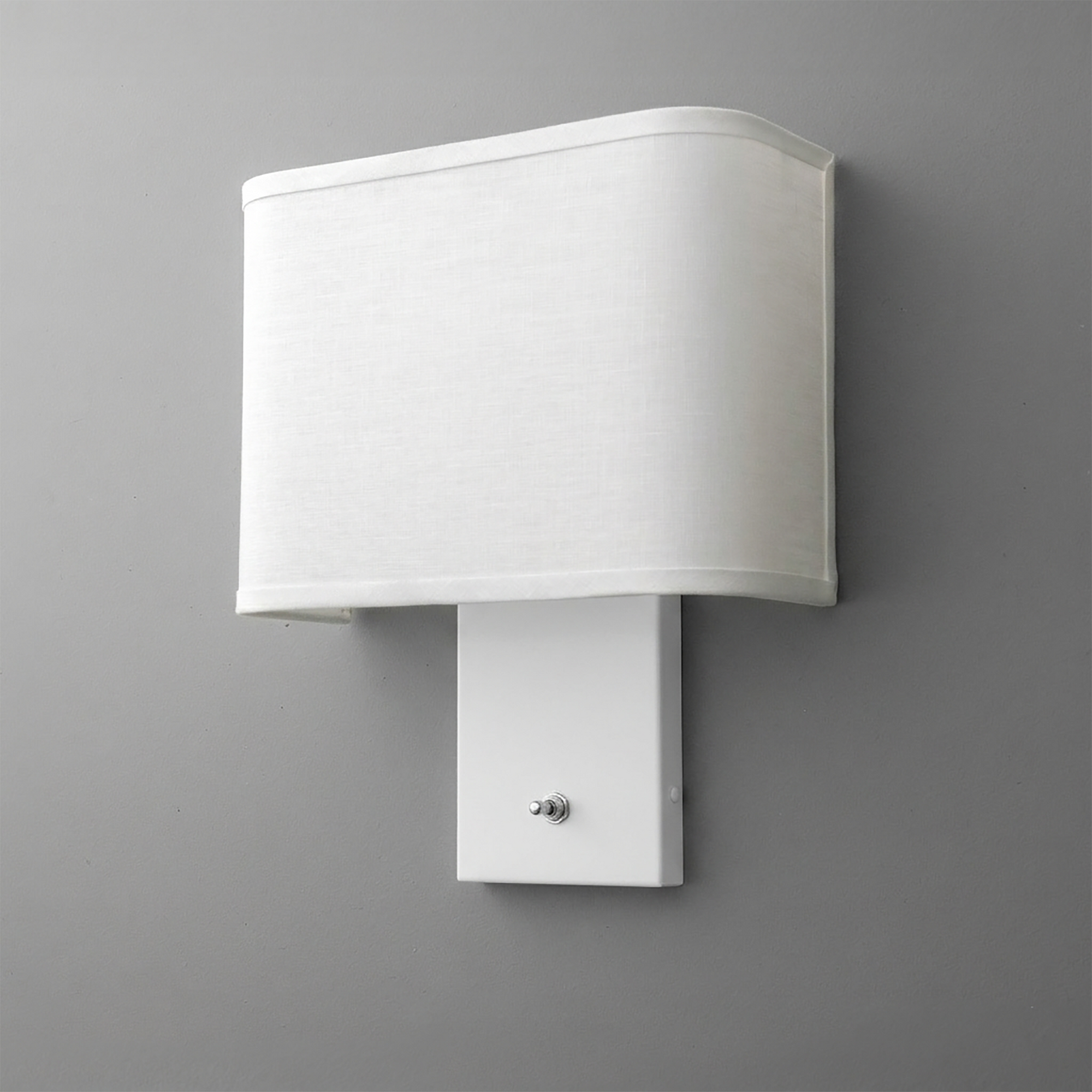 White wall sconce with rectangular fabric shade and metal base with small round switch. - SCONCE MODEL NO. 7769