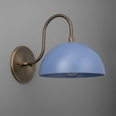Wall-mounted sconce with antique brass curved arm and matte blue dome shade. - SCONCE MODEL NO. 9092