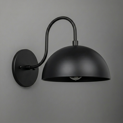 Matte black metal wall sconce with dome-shaped shade and curved arm mounting on circular base. - SCONCE MODEL NO. 9092
