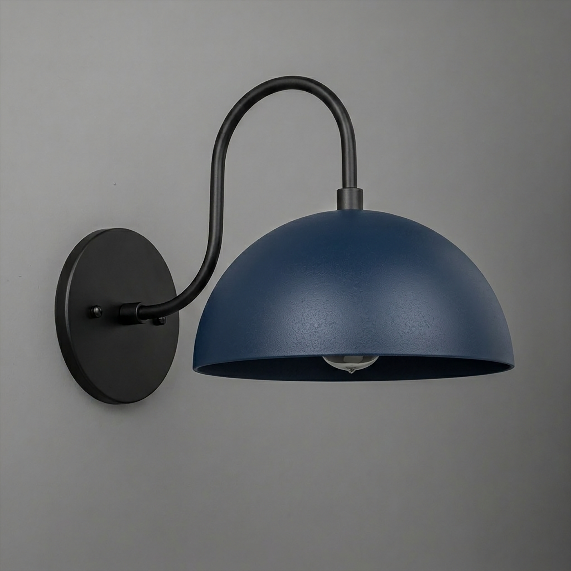 Wall sconce with matte black curved arm and round navy blue metal dome shade, single bulb design. - SCONCE MODEL NO. 9092