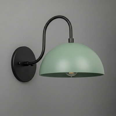 Matte black metal wall sconce with curved arm and large mint green dome shade covering one bulb. - SCONCE MODEL NO. 9092