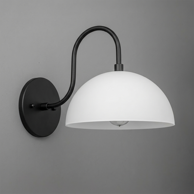 Black metal wall sconce with curved arm and large white dome-shaped glass shade. - SCONCE MODEL NO. 9092
