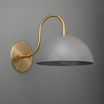 Wall-mounted sconce with brushed brass arm and round gray metal dome shade. - SCONCE MODEL NO. 9092
