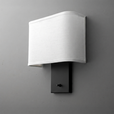 Wall sconce with rectangular white fabric shade and black metal base with a small switch knob. - SCONCE MODEL NO. 1918