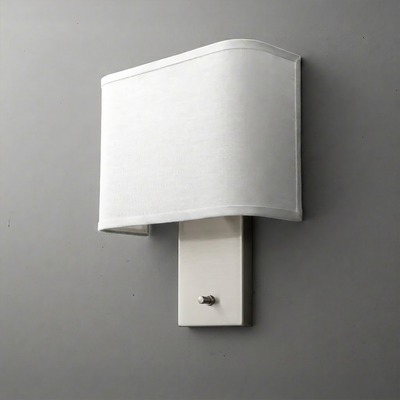 White fabric rectangular shade sconce with curved top edge and metal base plate with toggle switch. - SCONCE MODEL NO. 1918
