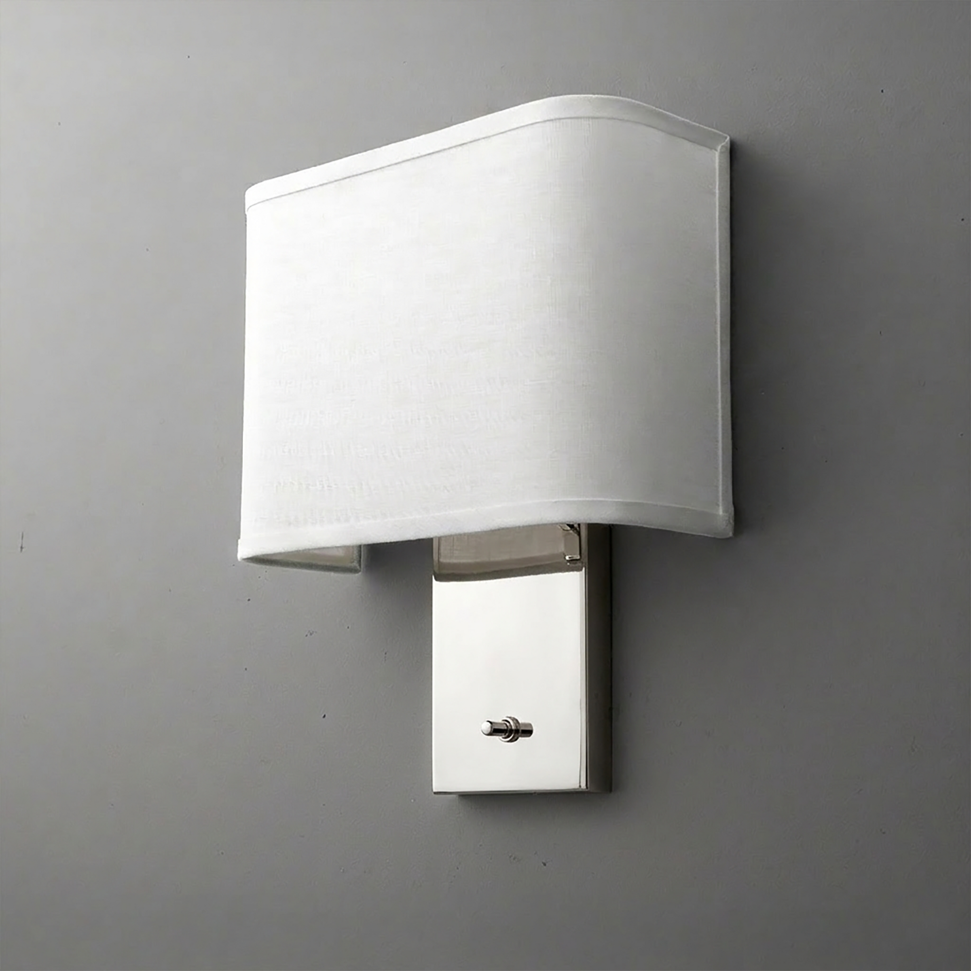 White fabric rectangular lampshade with curved top edges mounted on a polished rectangular metal wall plate. - SCONCE MODEL NO. 1918