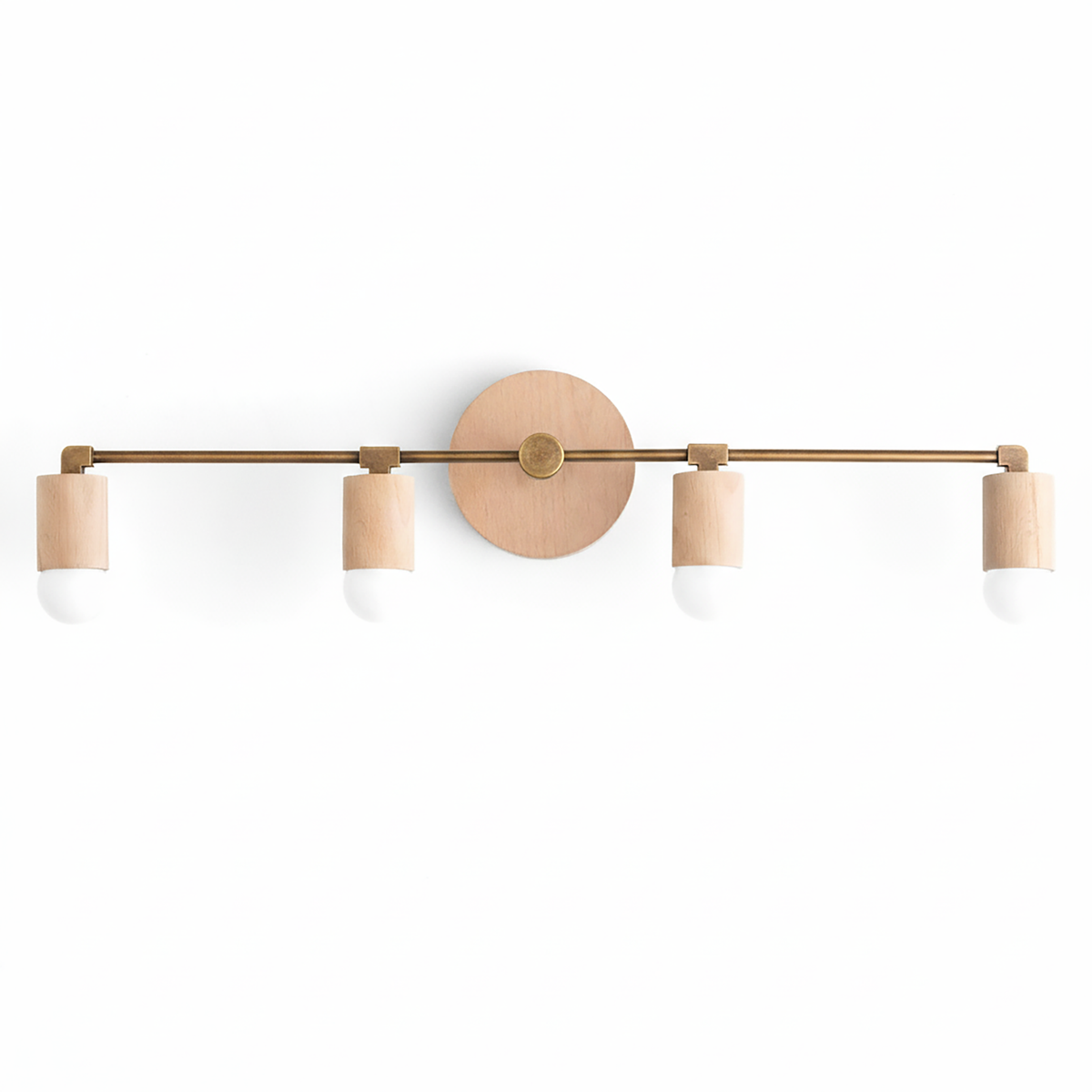 Four-bulb vanity light with natural wood cylindrical shades and raw brass horizontal bar and round wall mount. - VANITY LIGHT MODEL NO. 2017