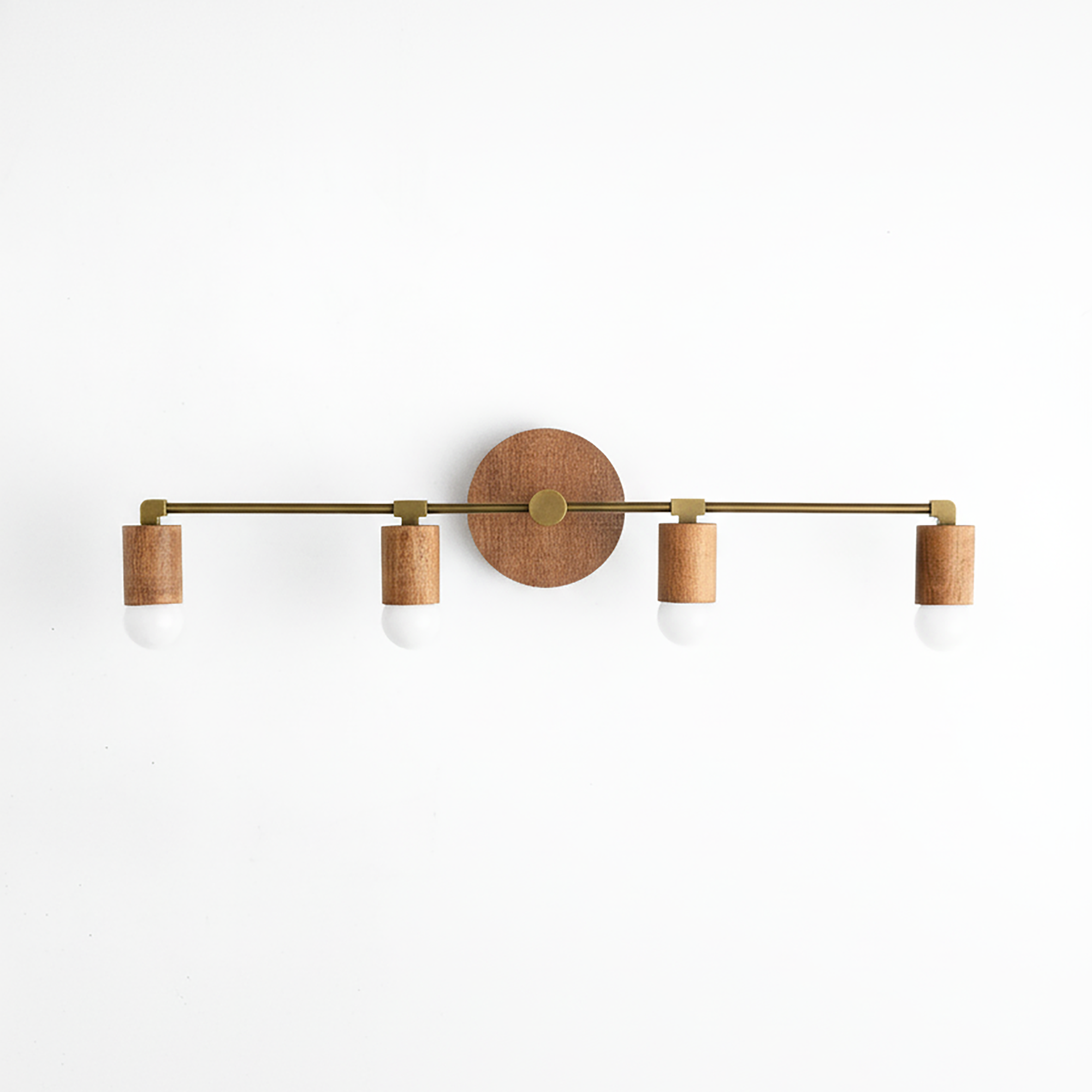 Four-bulb vanity light with natural wood and antique brass finish, clean modern design. - VANITY LIGHT MODEL NO. 2017