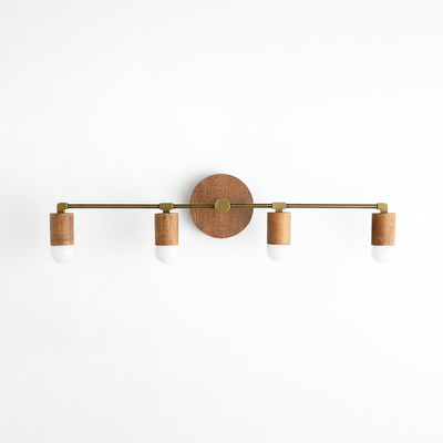 Four-bulb vanity light with natural wood and antique brass finish, clean modern design. - VANITY LIGHT MODEL NO. 2017