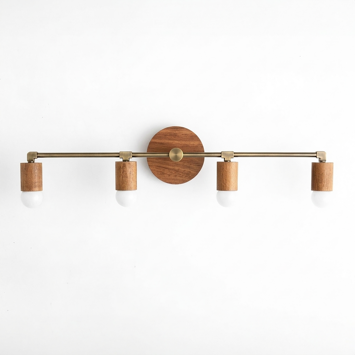 Four-bulb vanity light with natural wood shades and brass metal frame in a linear design. - VANITY LIGHT MODEL NO. 2017