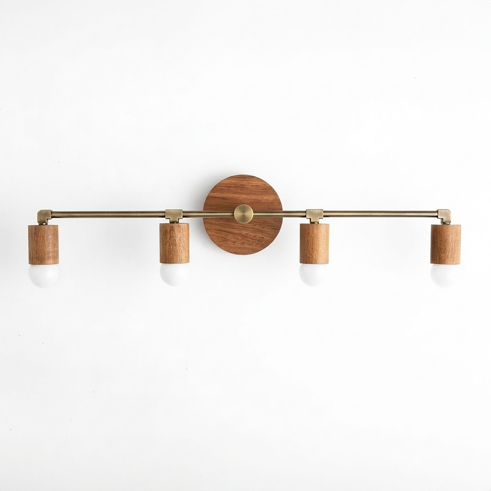 Four-bulb vanity light with natural wood shades and brass metal frame in a linear design. - VANITY LIGHT MODEL NO. 2017
