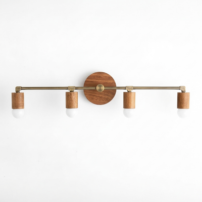 Four-bulb vanity light with natural wood shades and brass metal frame in a linear design. - VANITY LIGHT MODEL NO. 2017