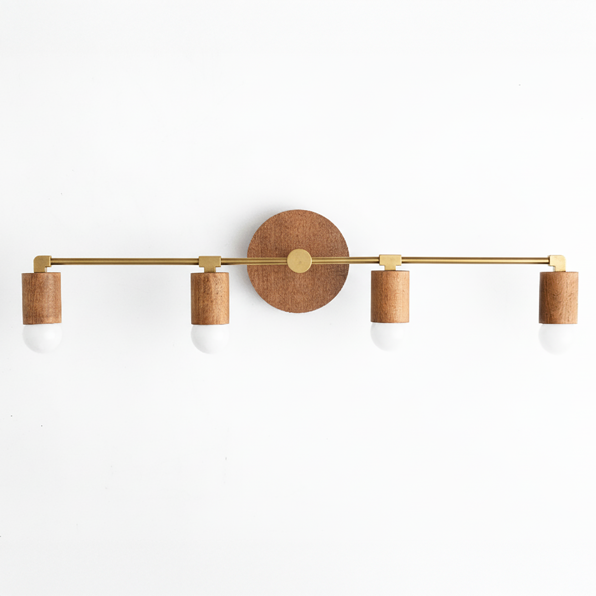 4-bulb vanity light with natural wood shades and brushed brass horizontal bar. - VANITY LIGHT MODEL NO. 2017