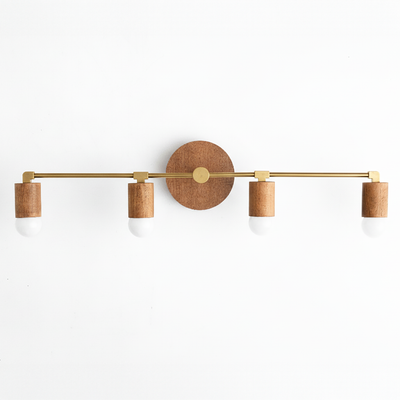 4-bulb vanity light with natural wood shades and brushed brass horizontal bar. - VANITY LIGHT MODEL NO. 2017