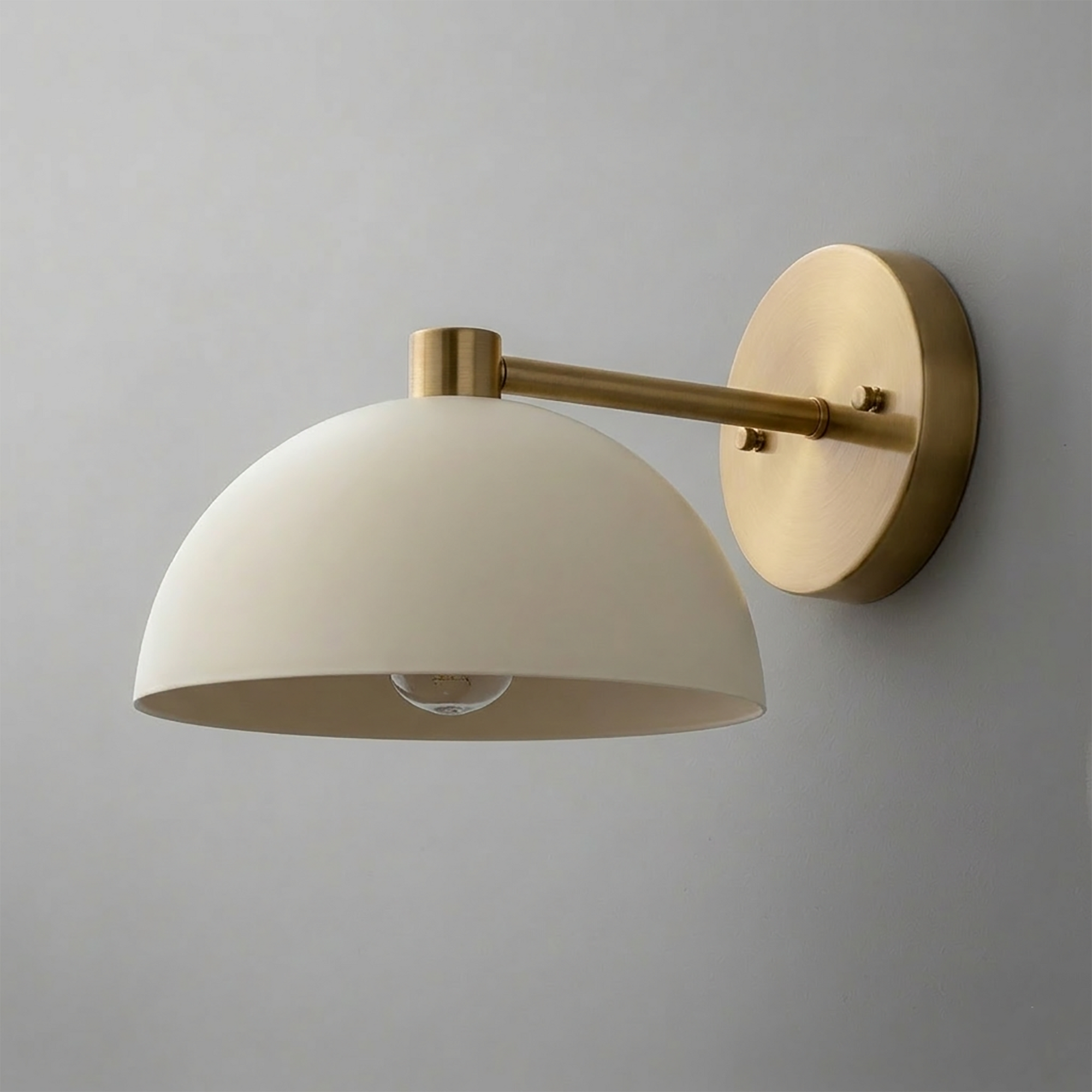 Wall sconce with matte white dome shade and brushed brass arm and round wall mount. - SCONCE MODEL NO. 2946