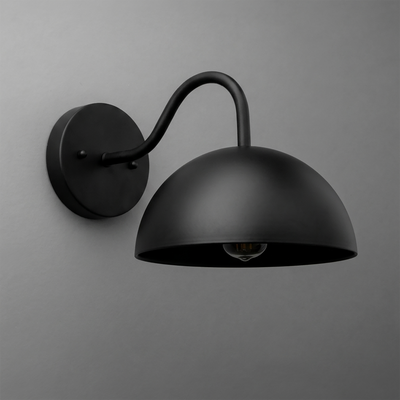 Matte black metal wall sconce with a curved arm and dome-shaped shade covering one bulb. - SCONCE MODEL NO. 6678