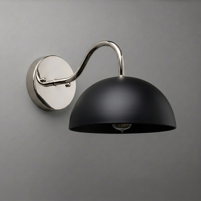 Black dome-shaped metal sconce with polished silver curved arm and round wall mount. - SCONCE MODEL NO. 6678