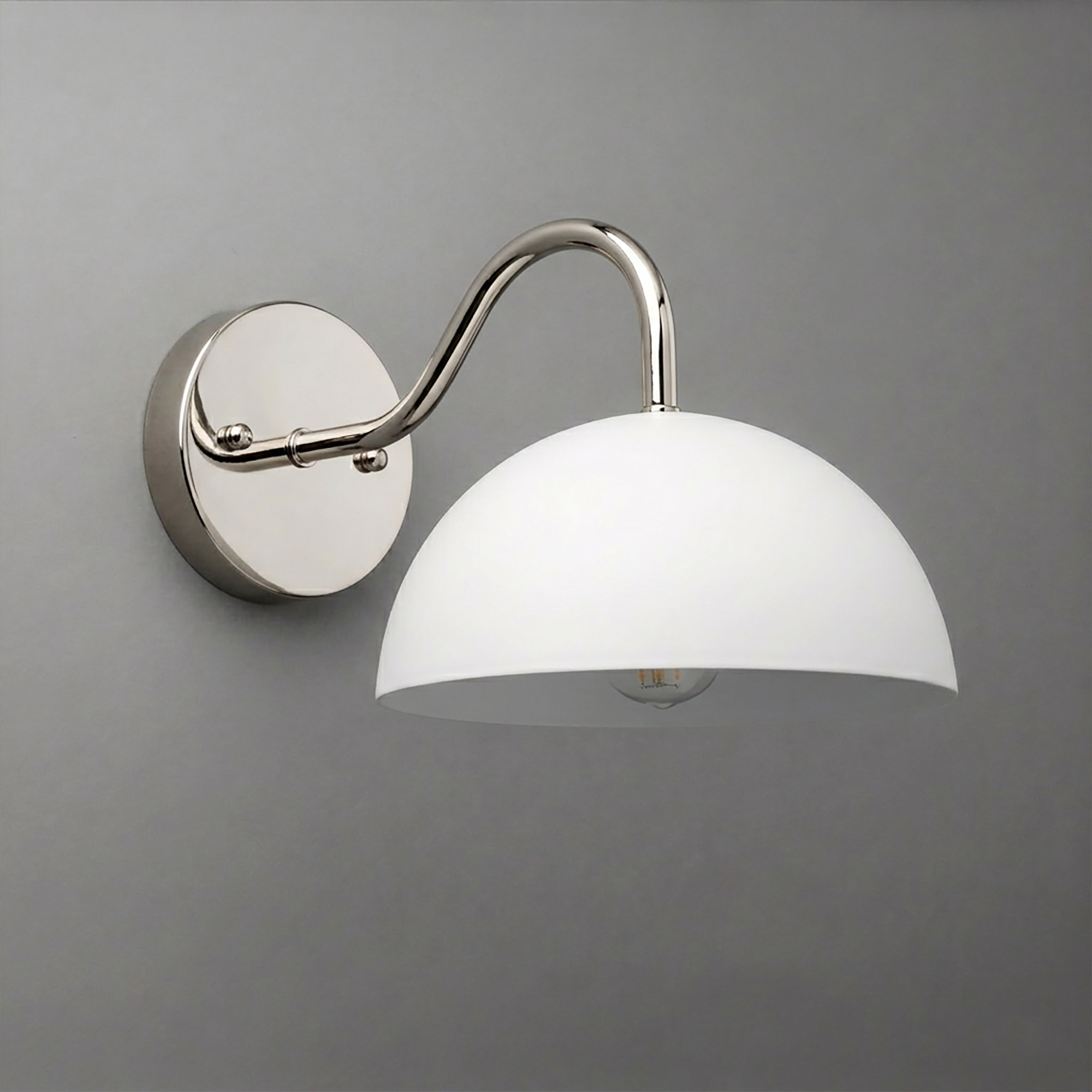 Wall-mounted sconce with brushed nickel arm and round white dome glass shade, single bulb design. - SCONCE MODEL NO. 6678