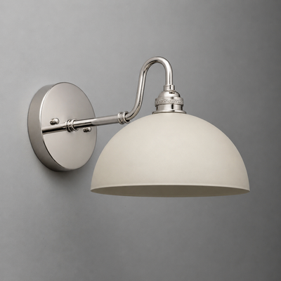 Wall-mounted sconce with a polished nickel finish and a large white dome-shaped glass shade. - SCONCE MODEL NO. 9103