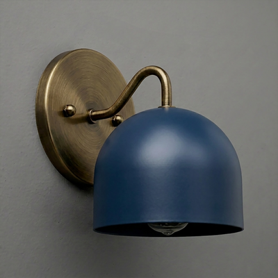 Wall sconce with a matte blue dome-shaped shade and antique brass curved arm on a round brass base. - SCONCE MODEL NO. 9436