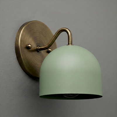 Matte green dome-shaped metal shade with curved brass arm and round brass wall mount wall sconce. - SCONCE MODEL NO. 9436