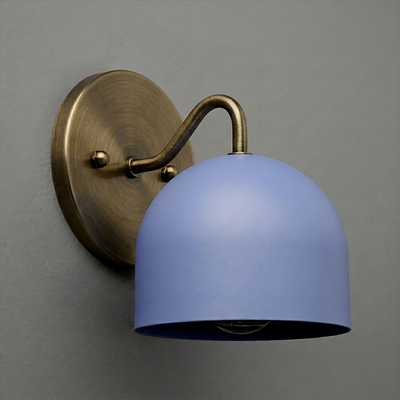Wall sconce with matte blue dome-shaped shade and antique brass curved arm and round base. - SCONCE MODEL NO. 9436