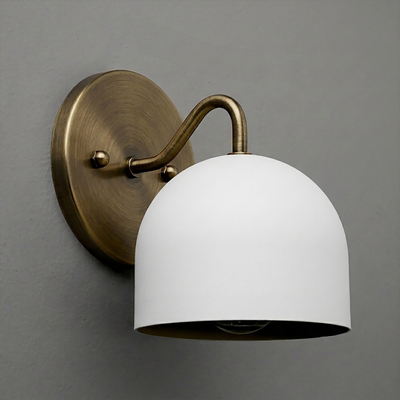 Wall-mounted sconce with matte white dome shade and curved antique brass arm on round brass base. - SCONCE MODEL NO. 9436